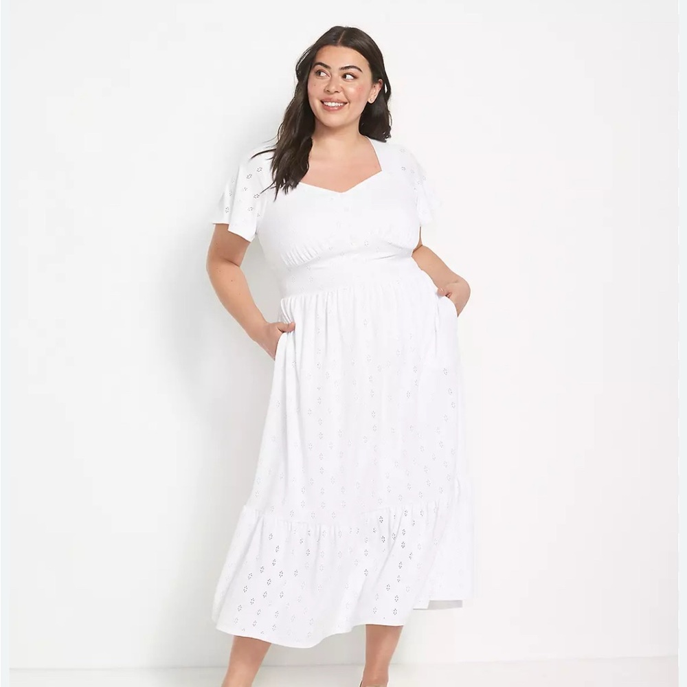 White Maxi Eyelet Sundress with Tiered Ruffles and Square Neck